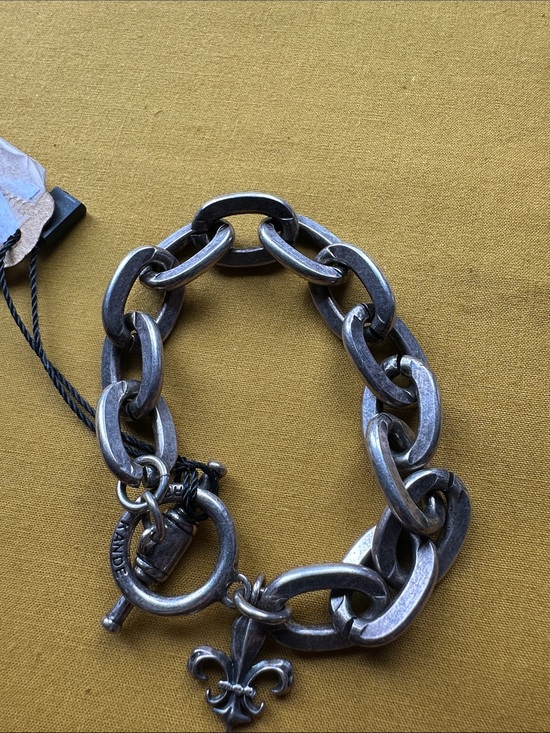 French Kande Jewelry - Silver-Tone Chunky Oval Link Bracelet with Fleur-de-Lis Charm French Kande